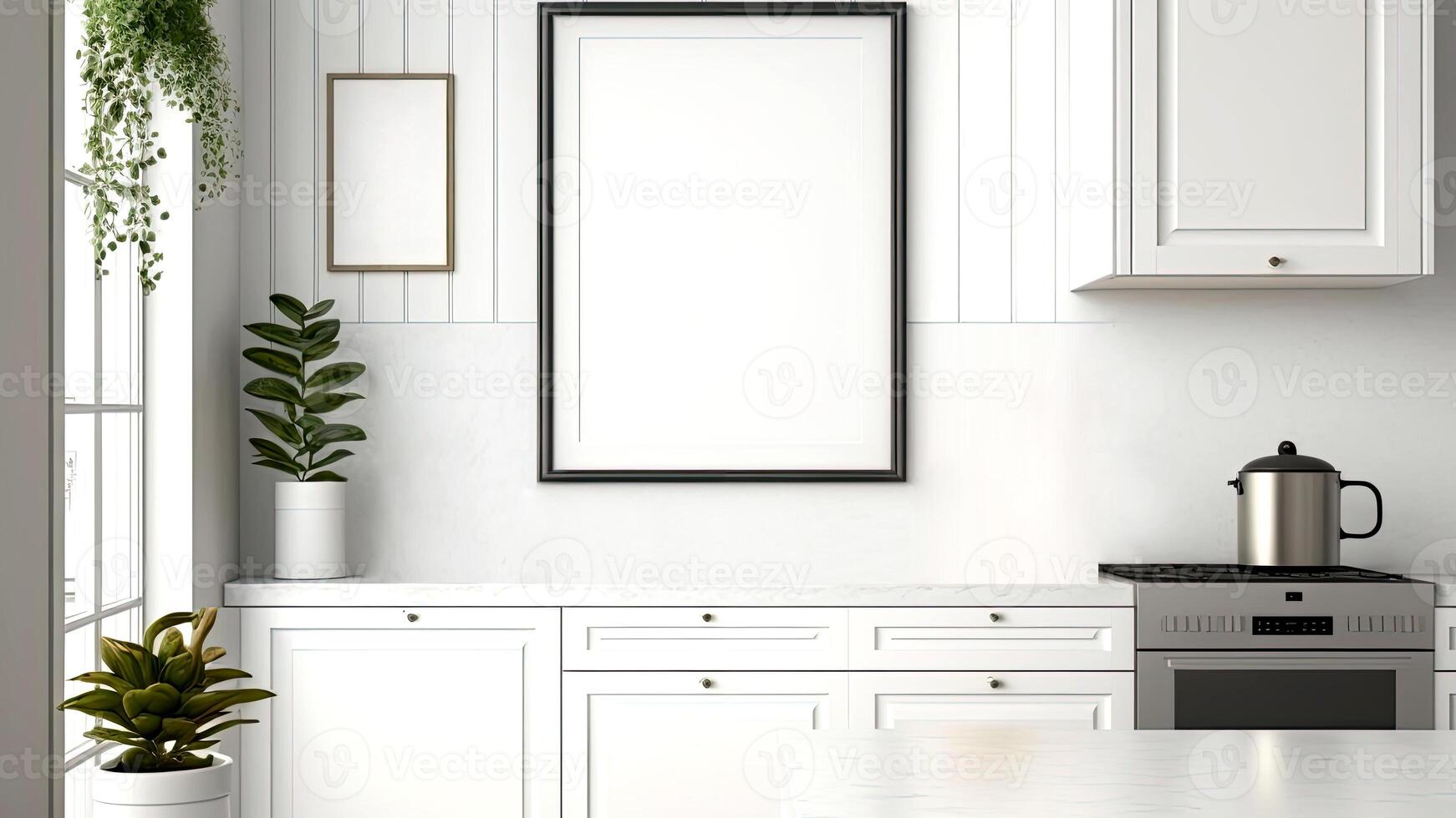 Luxurious, modern contemporary white wall kitchen, minimalistic design with blank photo frames. Digital Illustration.