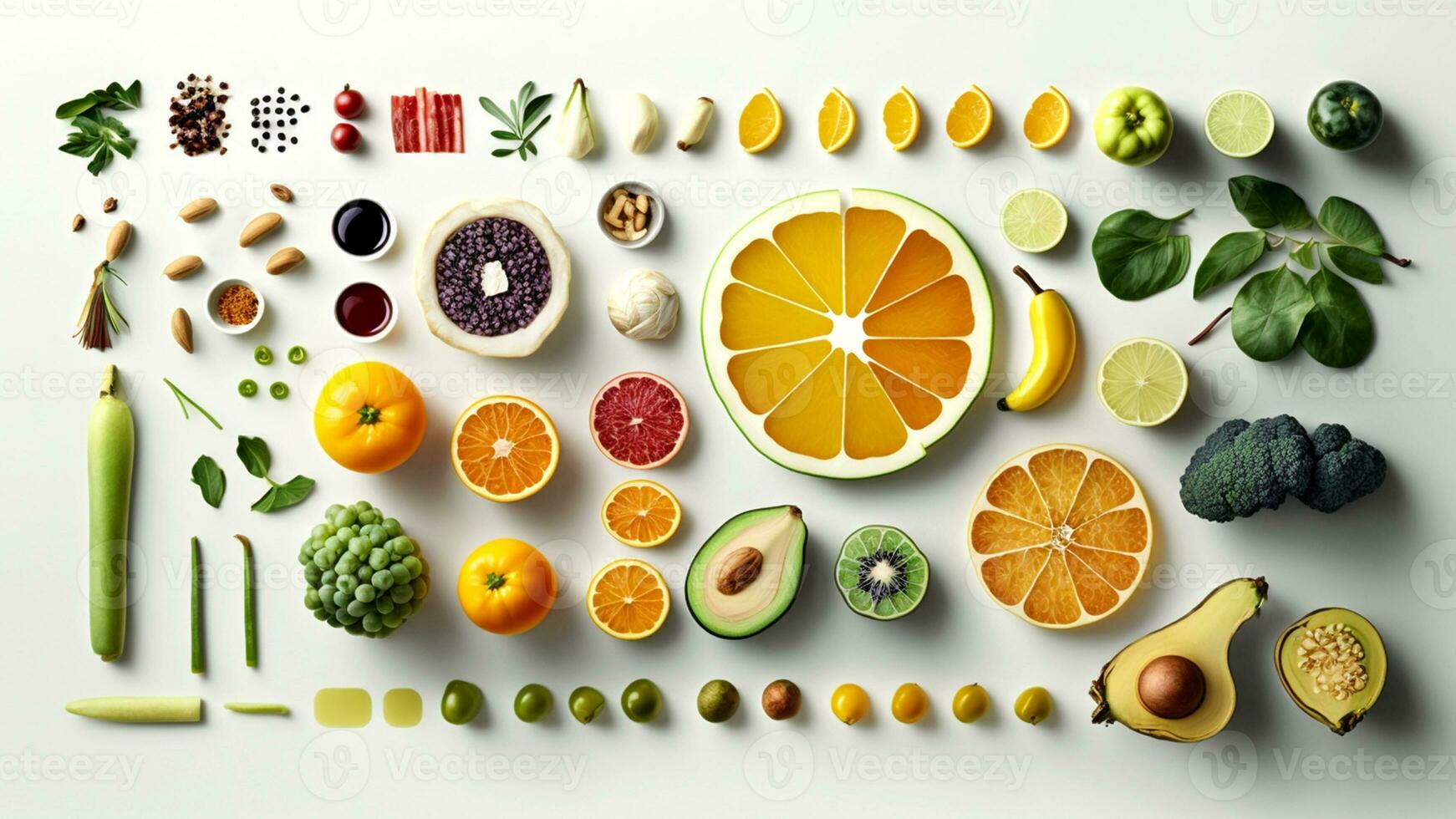 Top view of Healthy and food background from fruits and green, vegetables kept on white background. photo