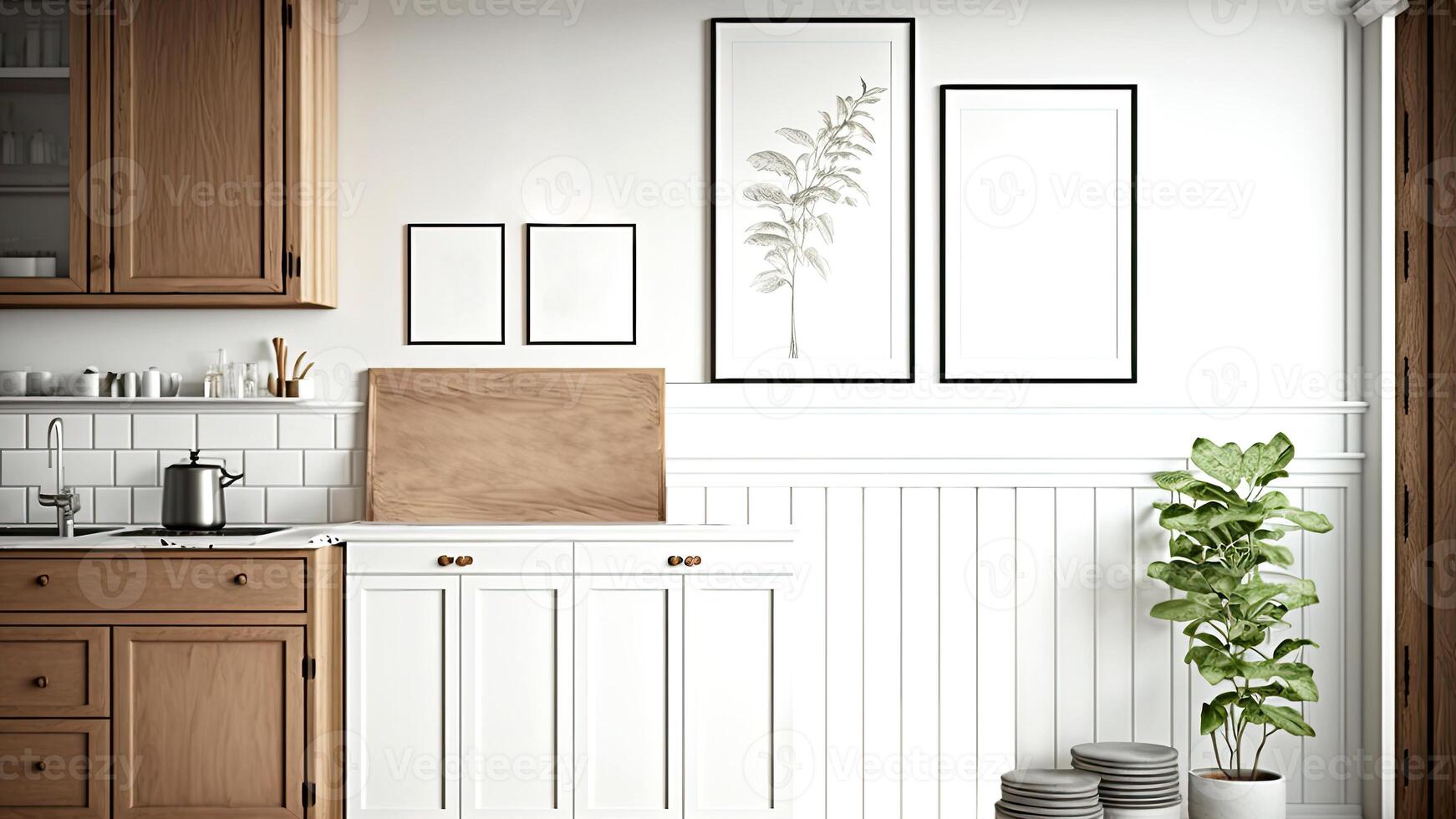 Luxurious, modern contemporary white wall kitchen, minimalistic design with blank photo frames. Digital Illustration.