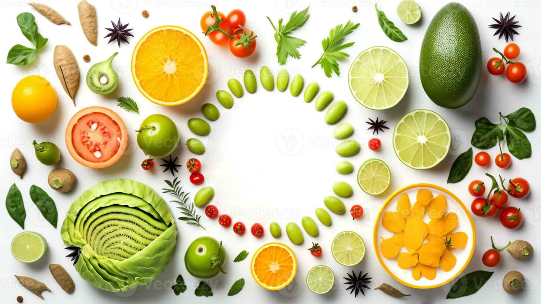 Top view of Healthy and food background from fruits and green, vegetables kept on white background. photo