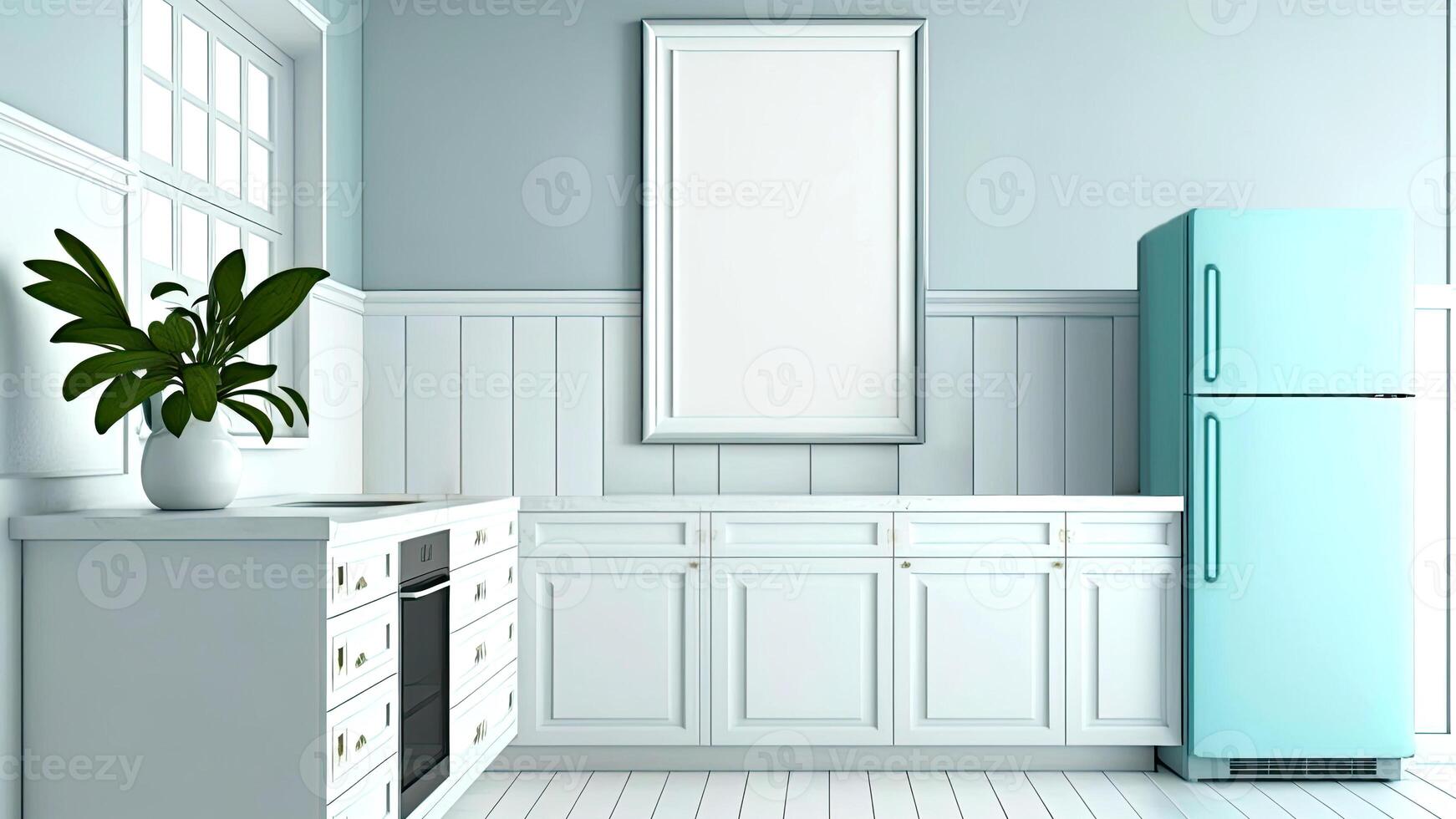 Luxurious, modern contemporary pastel blue wall kitchen, minimalistic design with blank photo frames. Digital Illustration.
