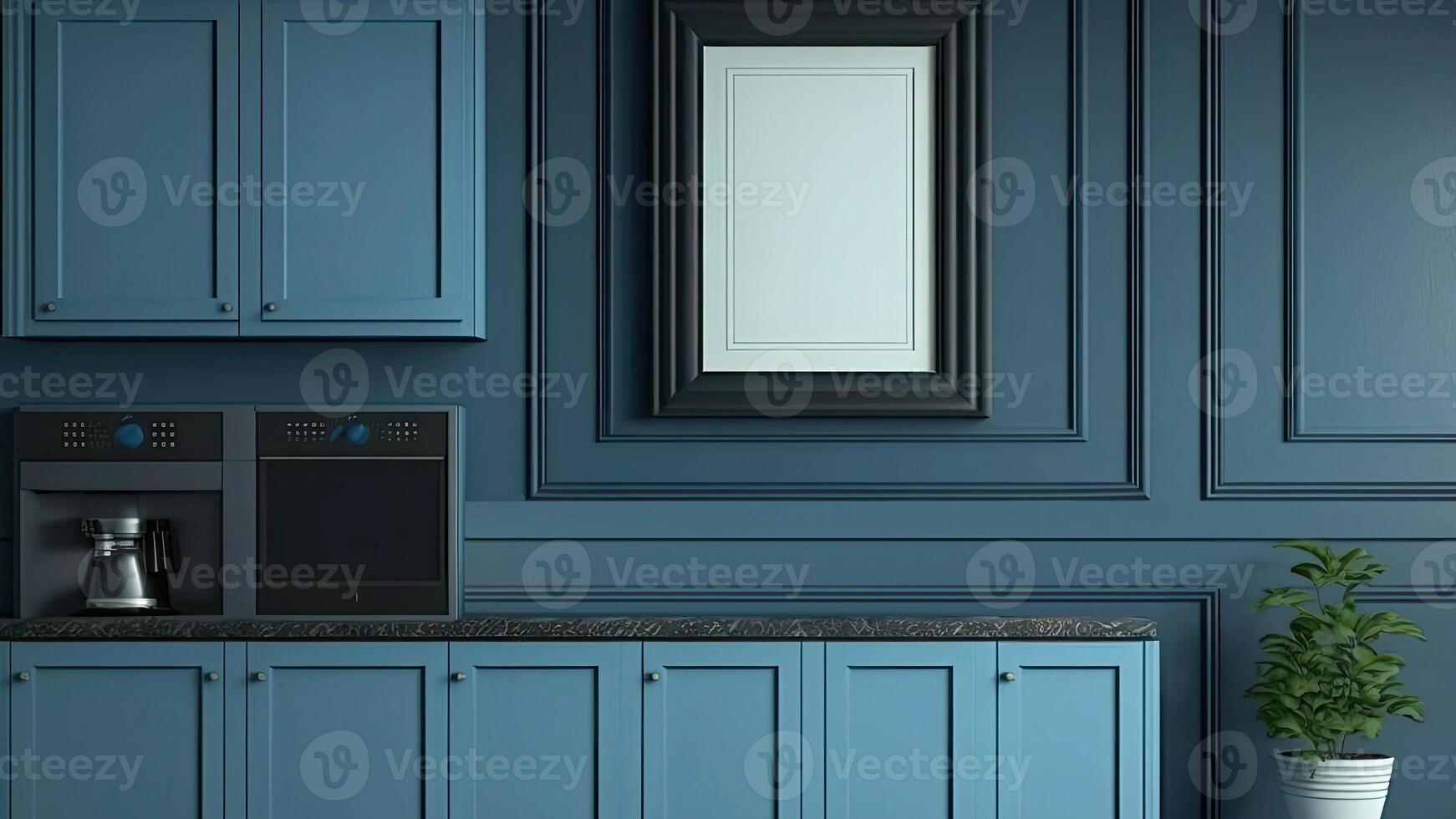 lujoso, moderno contemporáneo azul pared cocina, minimalista diseño con café máquina y blanco foto marco. generativo ai, digital ilustración.
