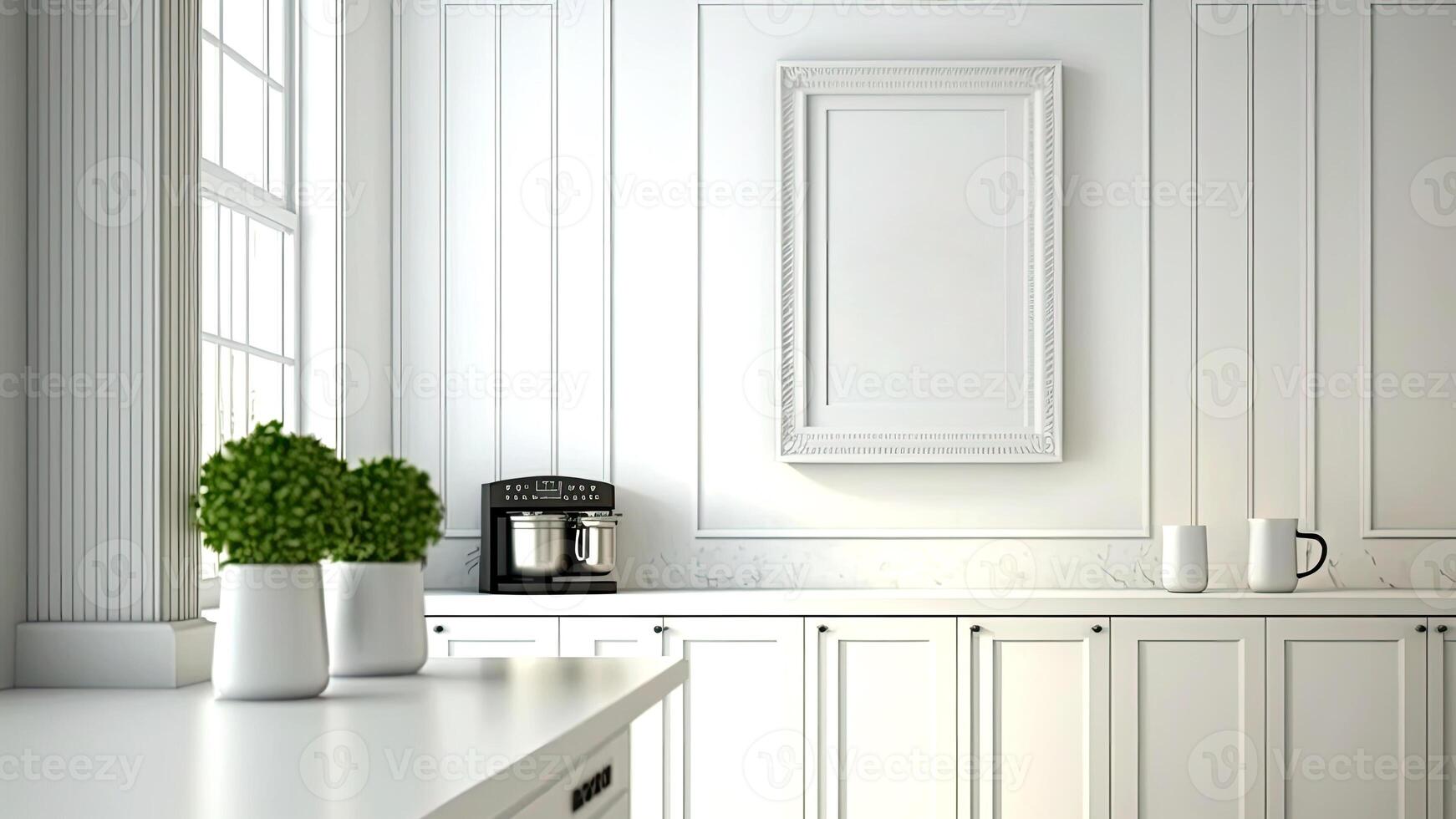 Luxurious, modern contemporary white wall kitchen, minimalistic design with blank photo frames. Digital Illustration.