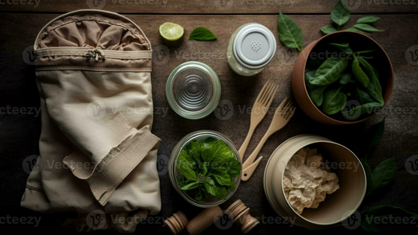 Top View of Plastic Free Set with Cotton Bag, Glass Jar, Green Leaves and Recycled Tableware. Zero Waste, Eco Friendly Concept. photo