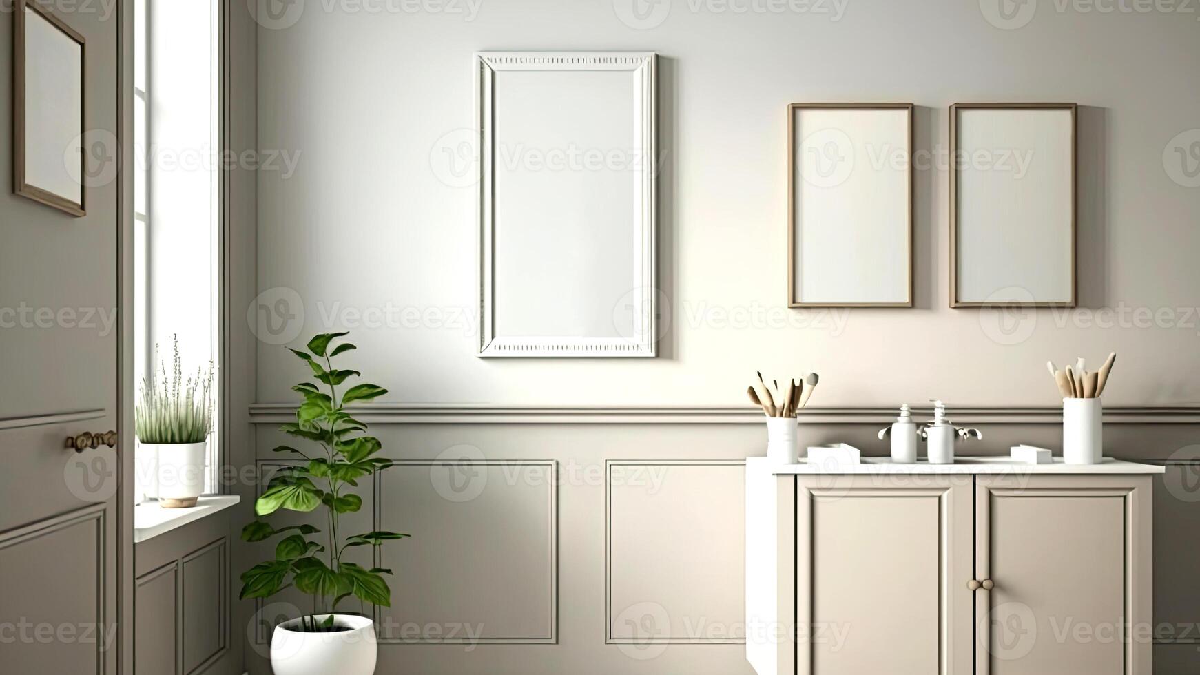 Renovated bathroom with a vanity cabinet, indoor plants, and and blank photo frames against white walls. Natural light coming through windows. .