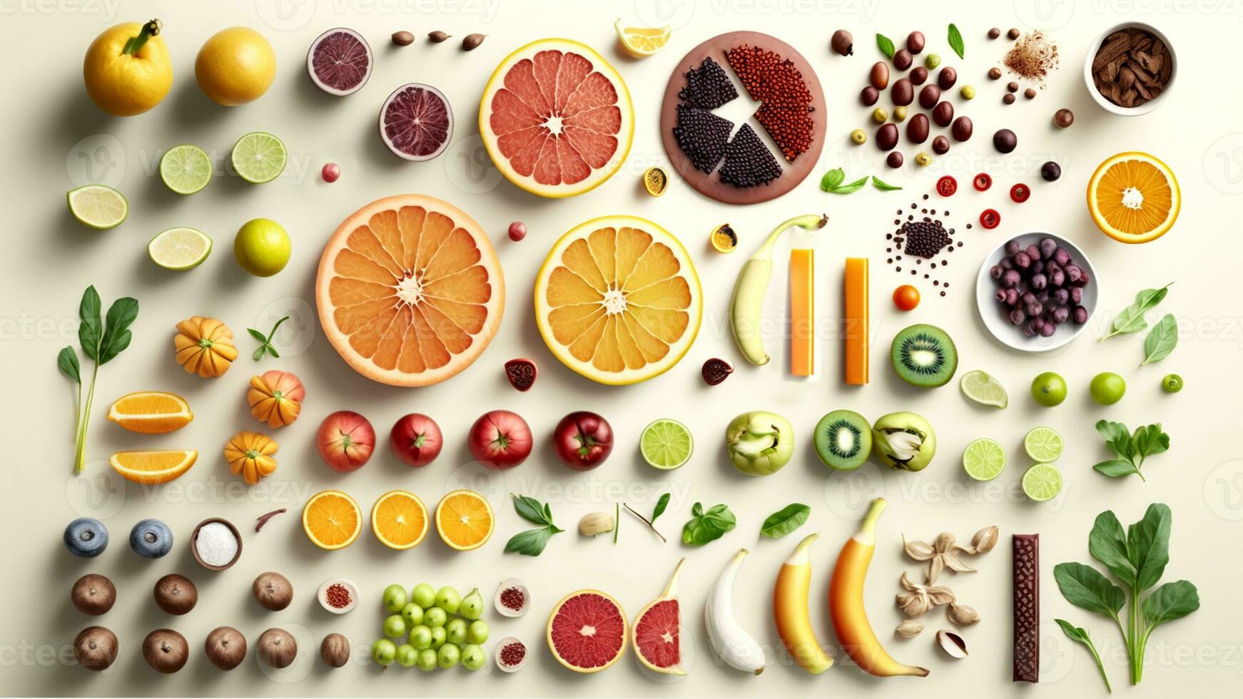 Top view of Healthy and food background from fruits and green, vegetables kept on white background. photo