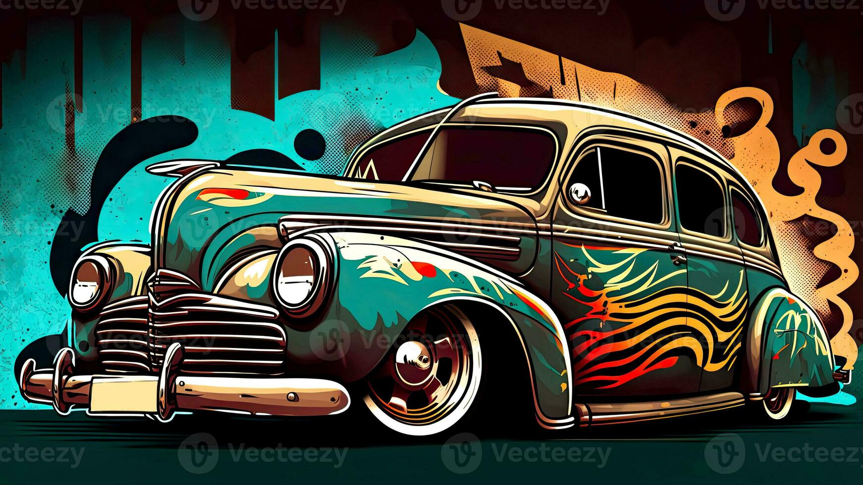 Futuristic sports car in abstract paint in graffiti style, retro background. AI-Generative. photo