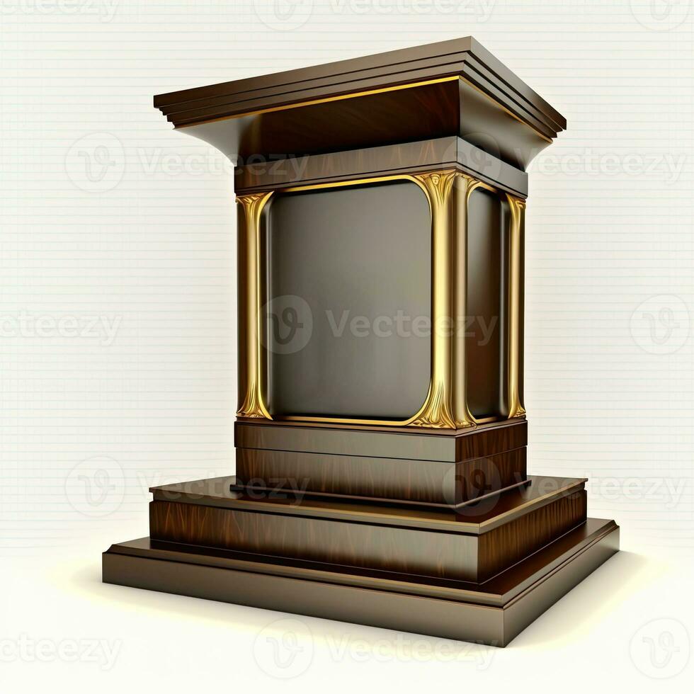 3D Render Of Pillar Or Podium Icon In Brown And Golden Color. photo