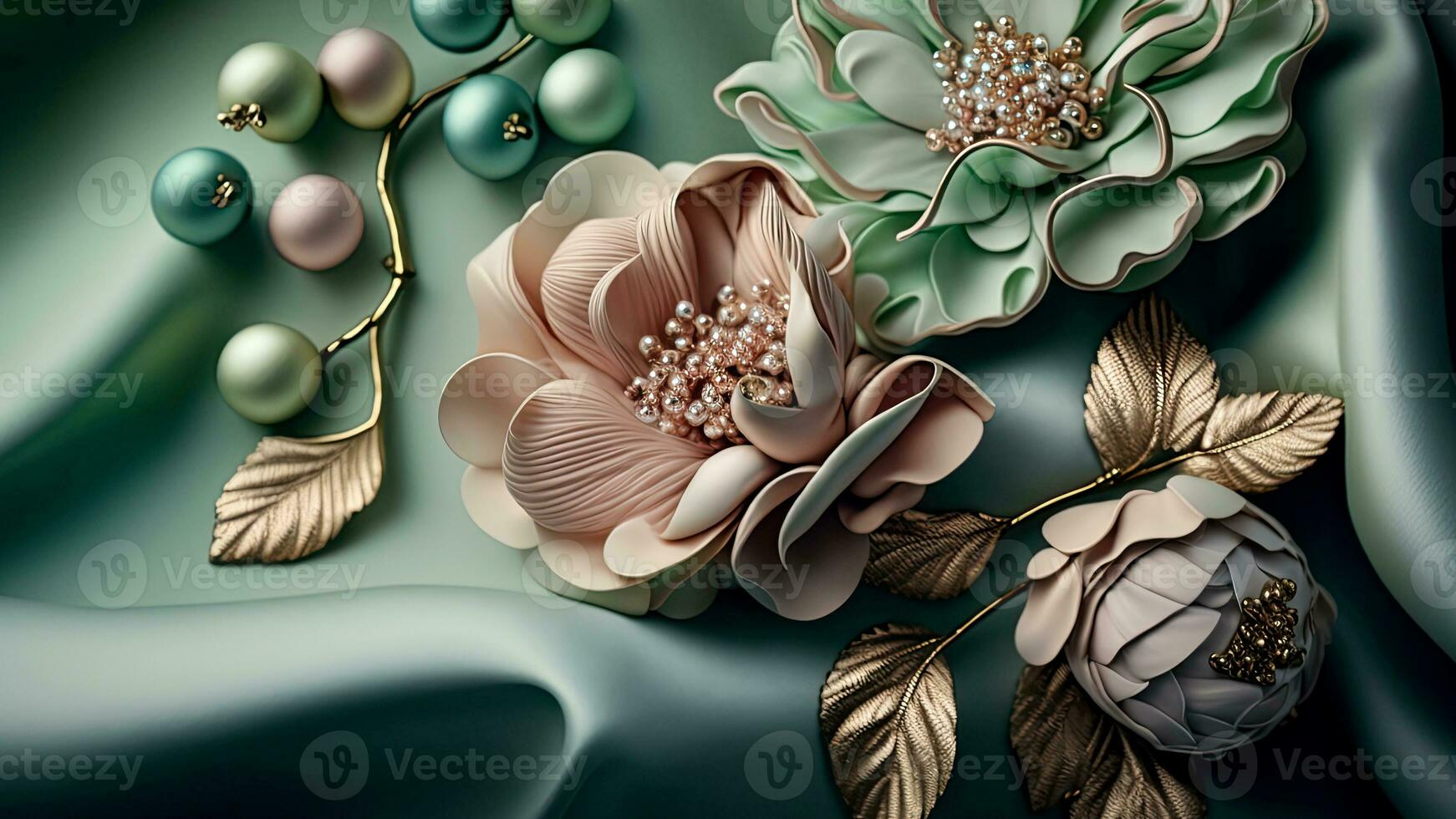Luxury Top View 3d Wallpaper, Photography Jewellery, Colorful Flowers. Clay Modeling, AI-Generative, Digital Illustrations. photo