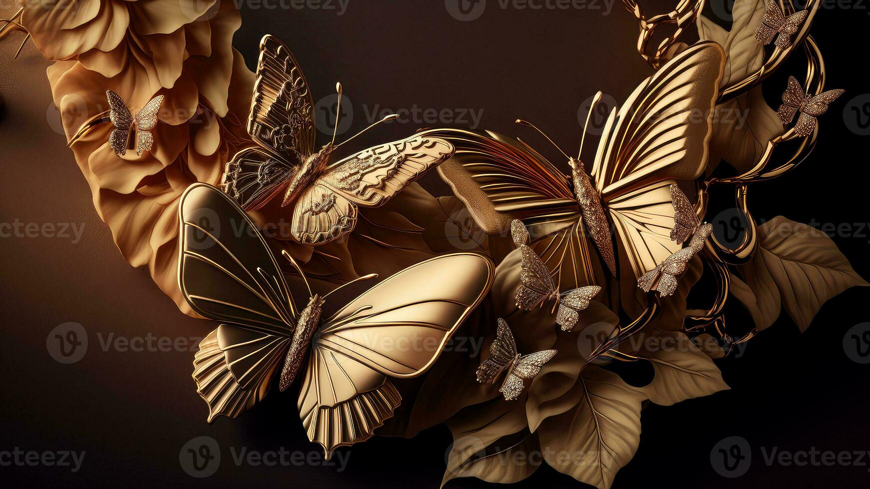 Luxury Top View 3d Wallpaper, Photography Jewellery, Flowers with Branches and Matellic Detailed Butterflies. Flat Metallic White Background, AI-Generative, Digital Illustrations. photo
