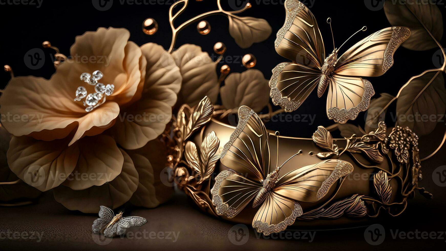 Luxury Top View 3d Wallpaper, Photography Jewellery, Flowers with Branches and Matellic Detailed Butterflies. Flat Metallic White Background, AI-Generative, Digital Illustrations. photo