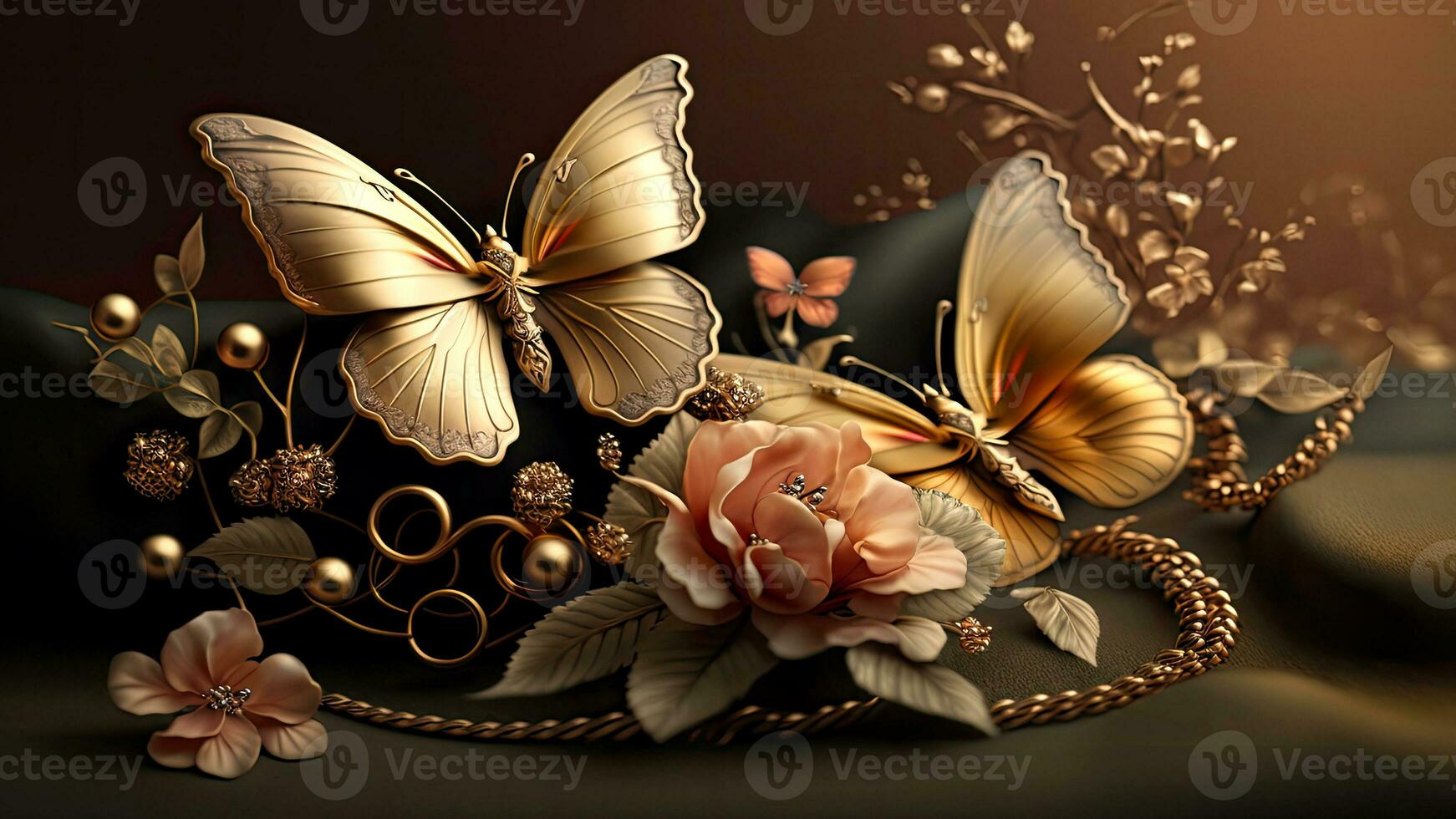 Luxury Top View 3d Wallpaper, Photography Jewellery, Flowers with Branches and Matellic Detailed Butterflies. Flat Metallic White Background, AI-Generative, Digital Illustrations. photo