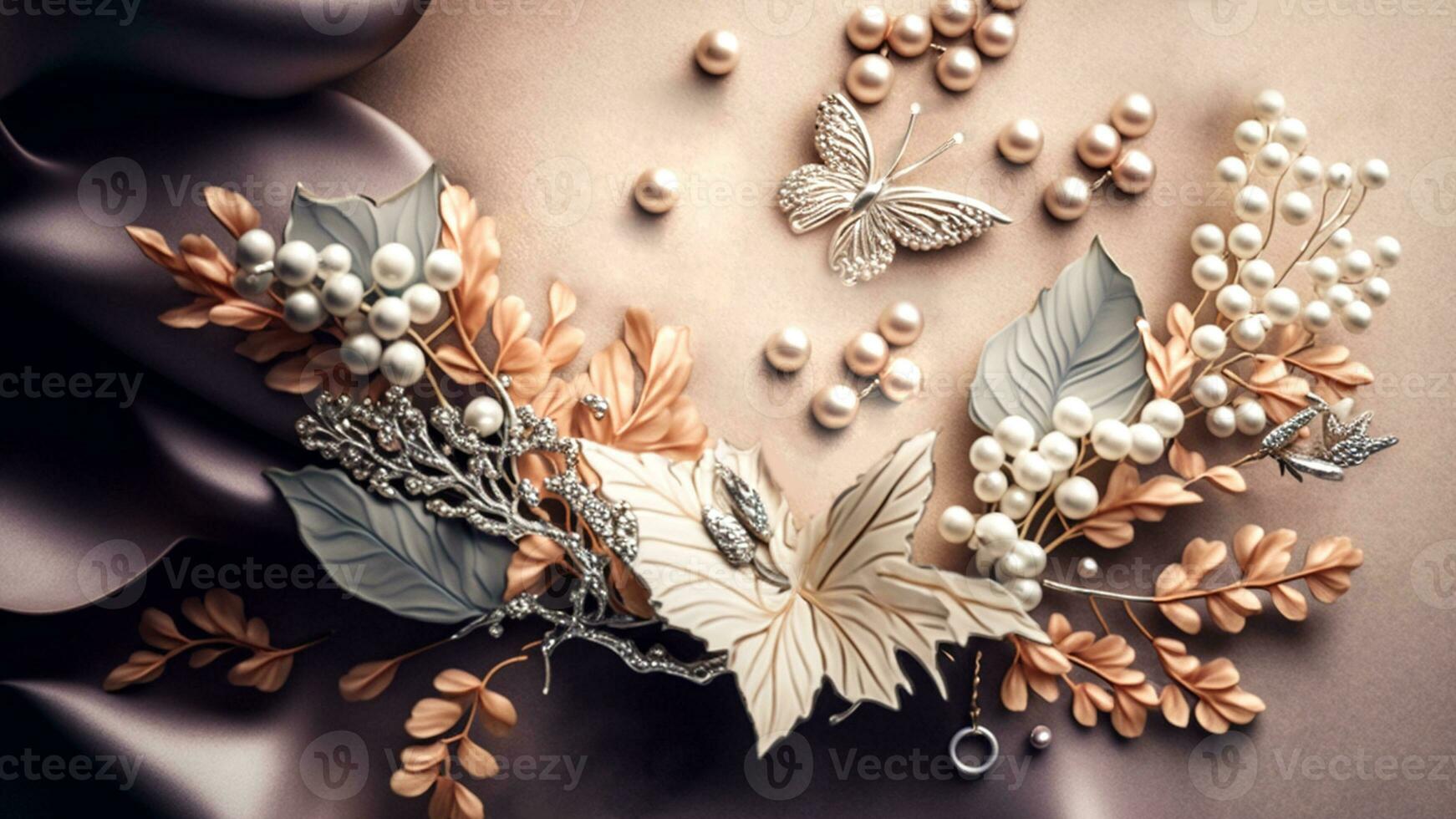 Luxury Top View 3d Wallpaper, Photography Jewellery, Flowers with Branches and Matellic Detailed Butterflies. Flat Metallic White Background, AI-Generative, Digital Illustrations. photo