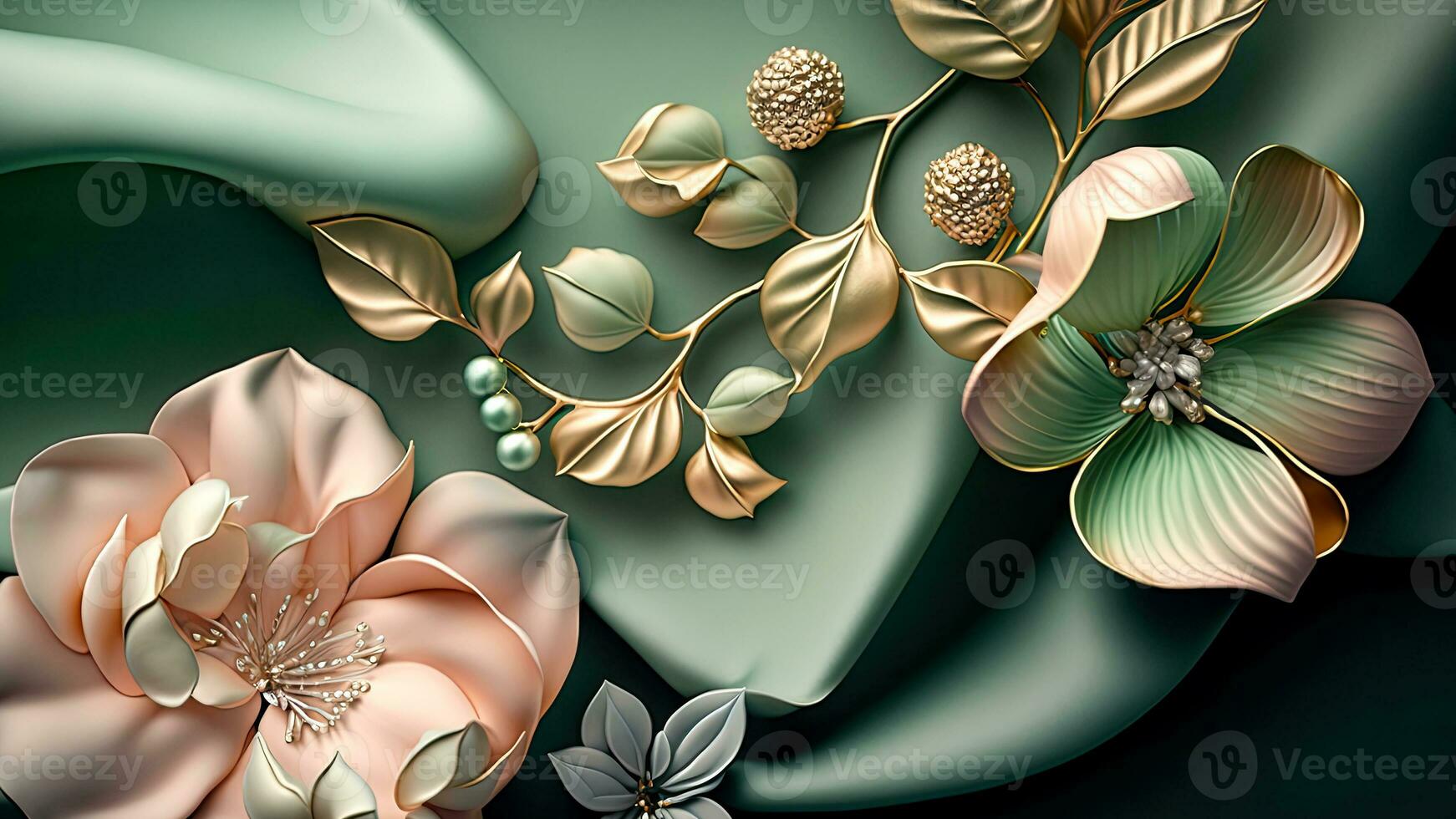 Luxury Top View 3d Wallpaper, Photography Jewellery, Colorful Flowers. Clay Modeling, AI-Generative, Digital Illustrations. photo