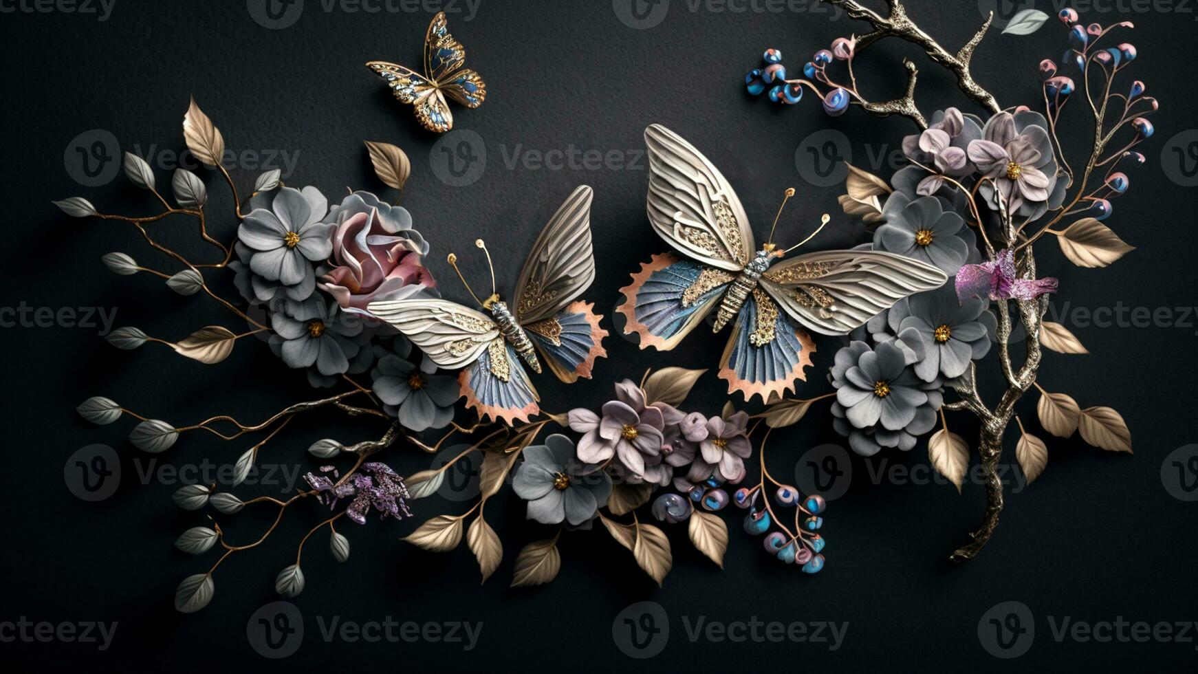 Luxury Top View 3d Wallpaper, Photography Jewellery, Flowers with Branches and Matellic Detailed Butterflies. Flat Metallic White Background, AI-Generative, Digital Illustrations. photo