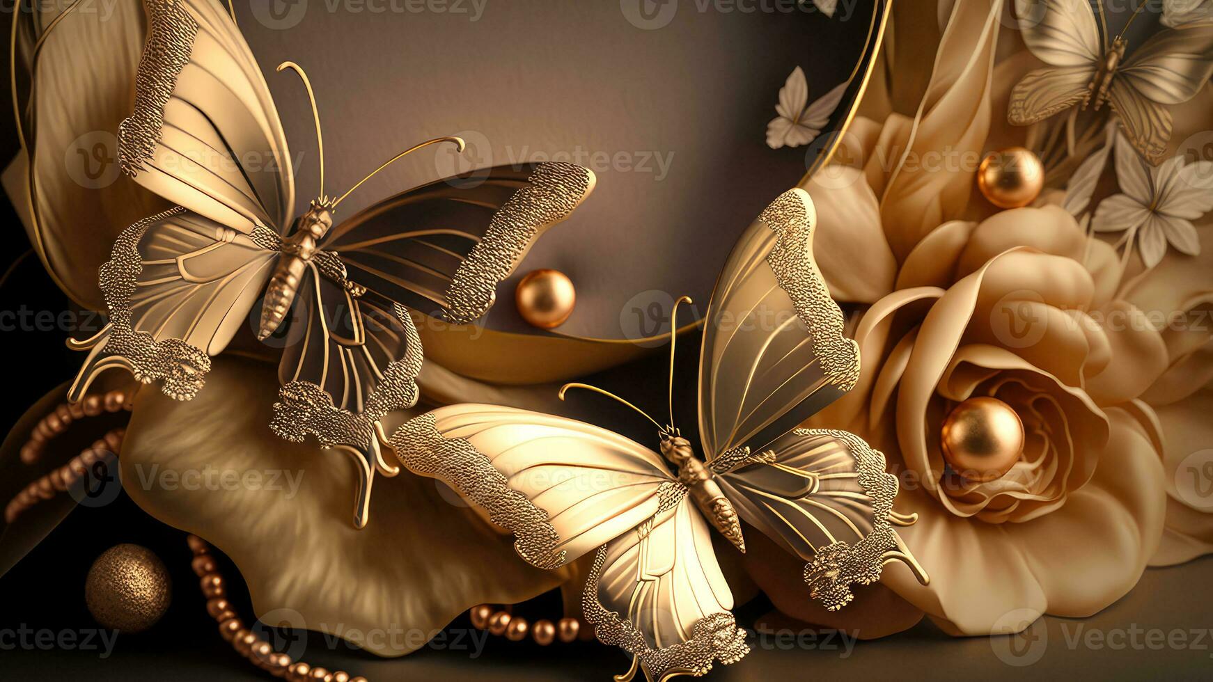 Luxury Top View 3d Wallpaper, Photography Jewellery, Flowers with Branches and Matellic Detailed Butterflies. Flat Metallic White Background, AI-Generative, Digital Illustrations. photo