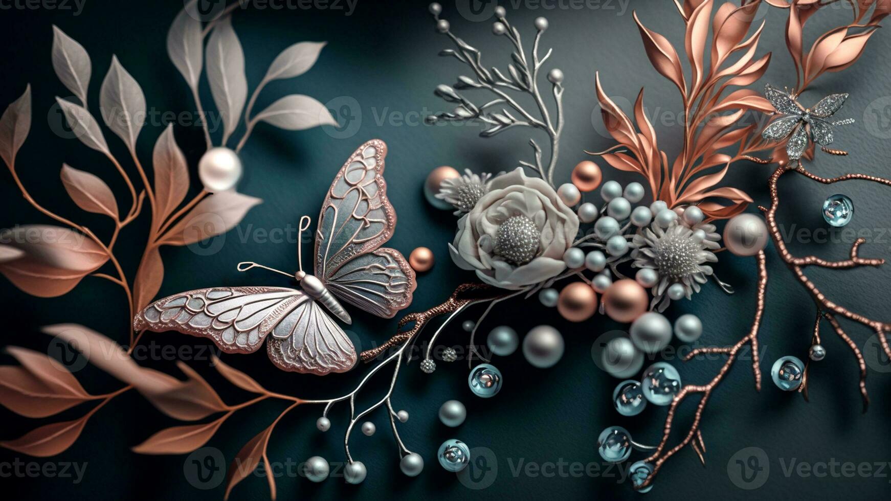 Luxury Top View 3d Wallpaper, Photography Jewellery, Flowers with Branches and Matellic Detailed Butterflies. Flat Metallic White Background, AI-Generative, Digital Illustrations. photo