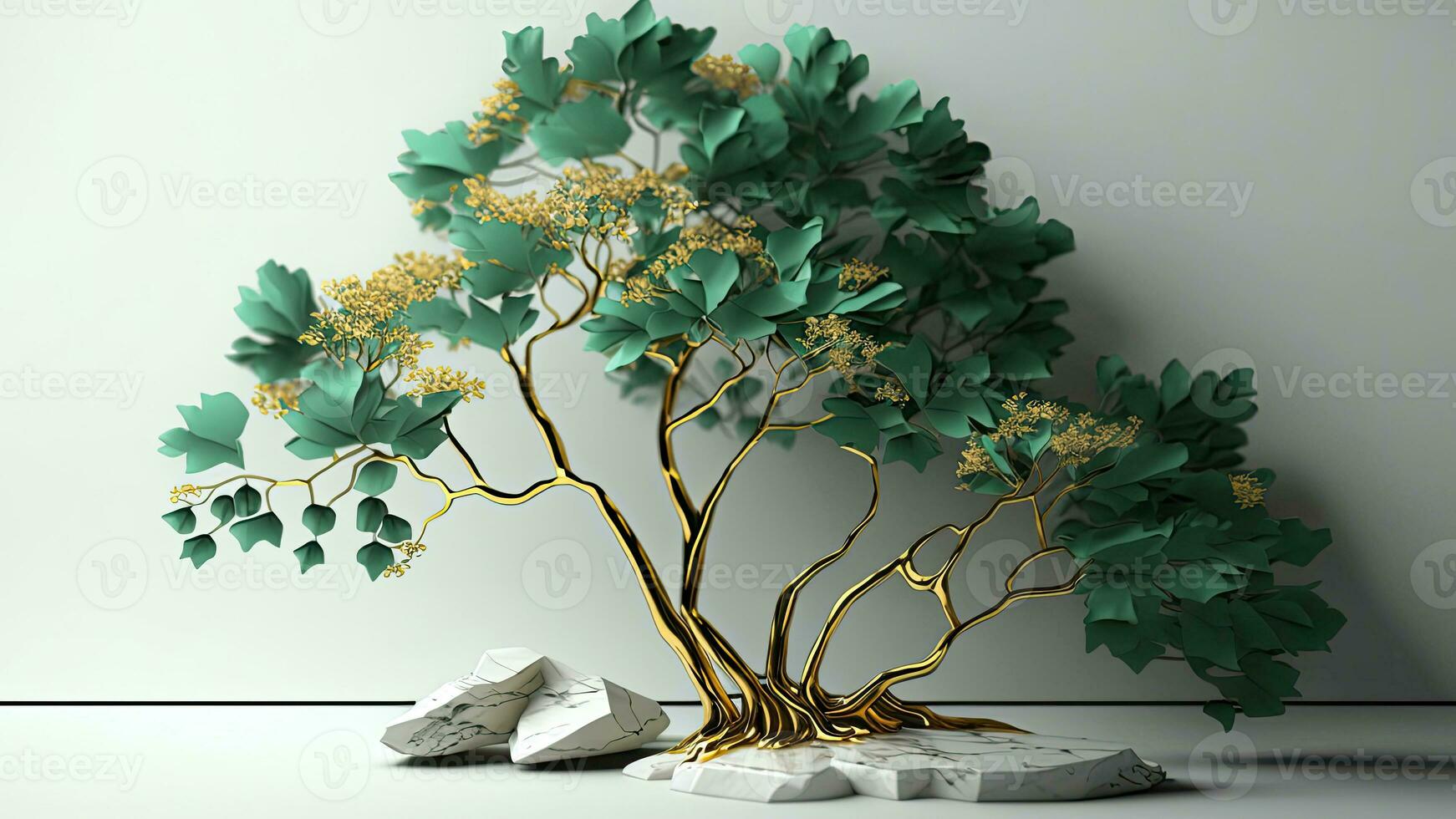 3d Wallpaper Green Flowers on a Golden Tree on White Flat Marble Background. Incredibly Detailed, AI-Generated, Digital Illustration. photo