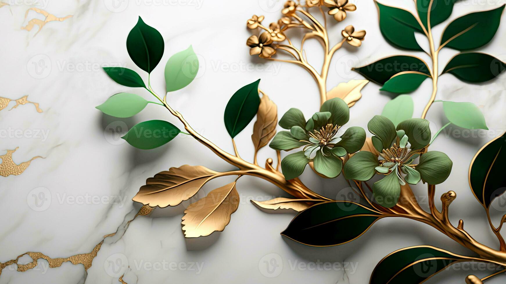 3d Wallpaper Green Flowers on a Golden Tree on White Flat Marble Background. Incredibly Detailed, AI-Generated, Digital Illustration. photo