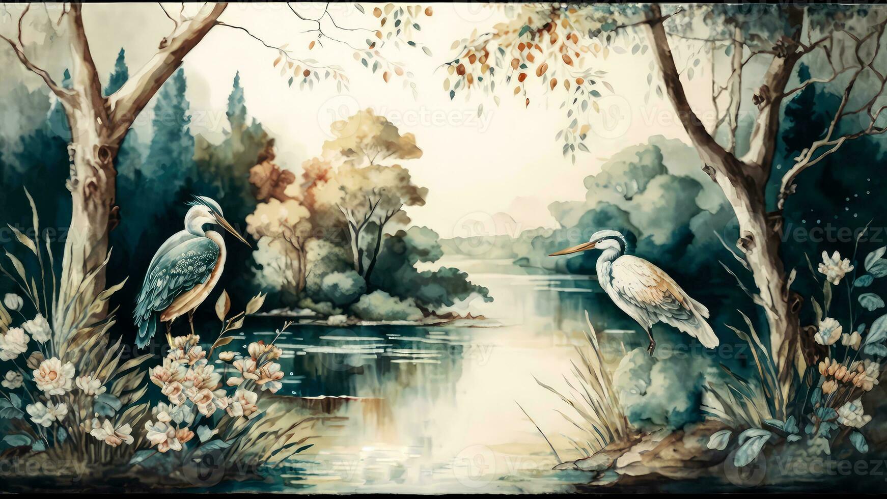 Clásico fondo de pantalla de bosque paisaje con lago, plantas, árboles, aves. foto