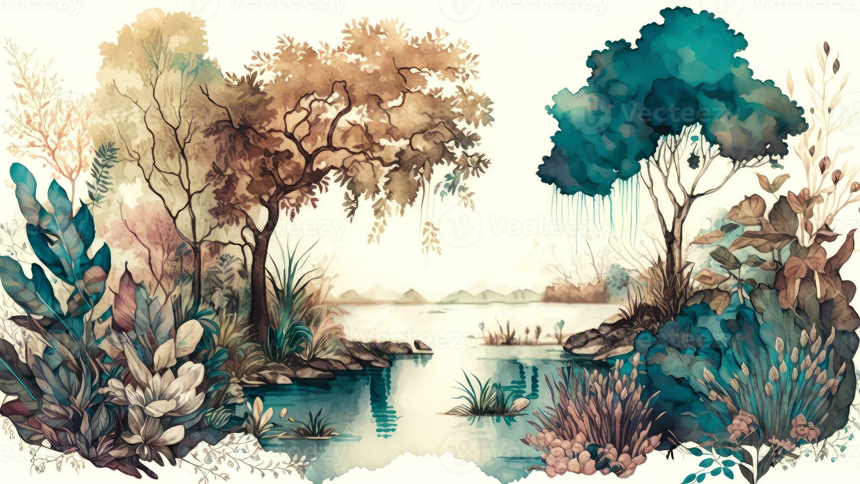 Vintage Water Color Wallpaper of Forest Landscape with Lake, Plants, Trees. AI-Generated, Digital Illustration. photo