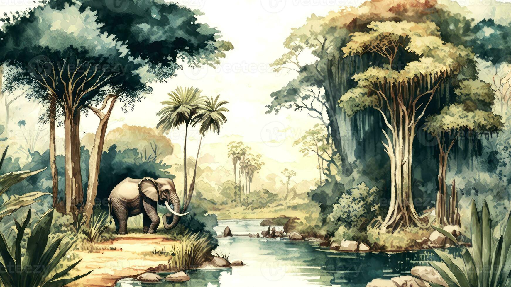 Watercolor Style Wallpaper Landscape on an African Tropical Jungle with Trees Next to a River Elephants and Birds. AI-Generative, Digital Illustration. photo