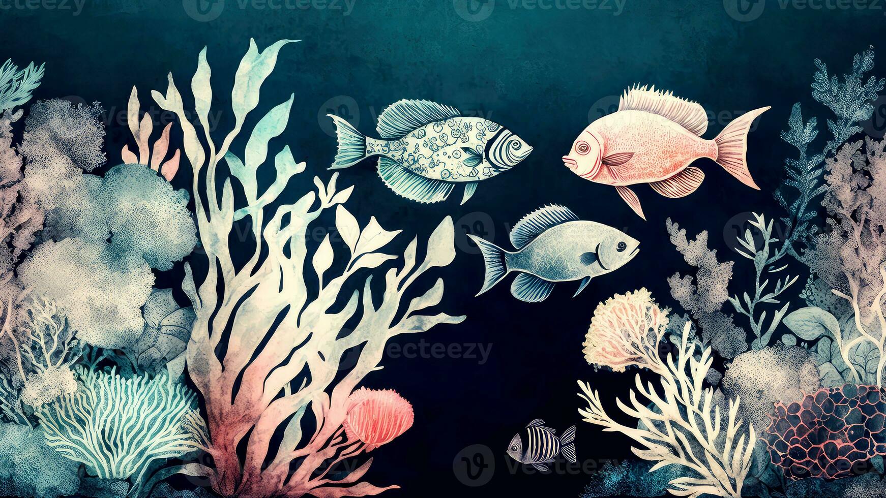 Vintage Water Color Wallpaper Colorful Fishes and Corals. AI-Generated, Digital Illustration. photo