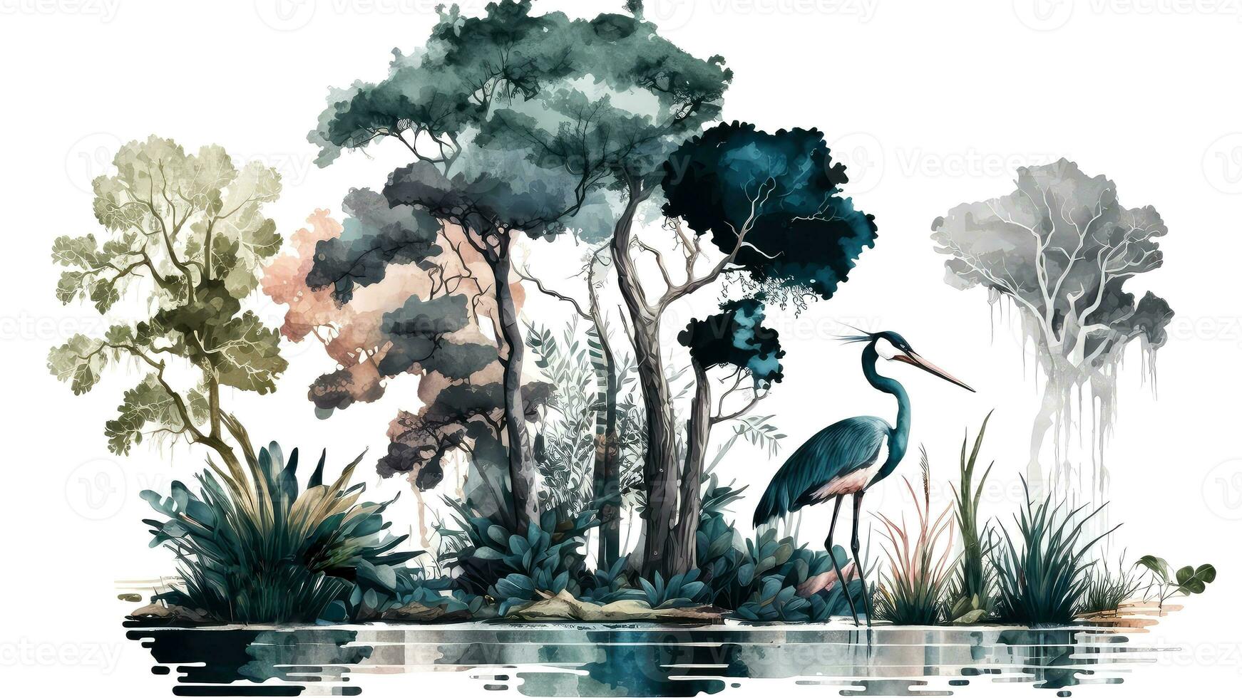 Vintage wallpaper of forest landscape with lake, plants, trees, birds. photo