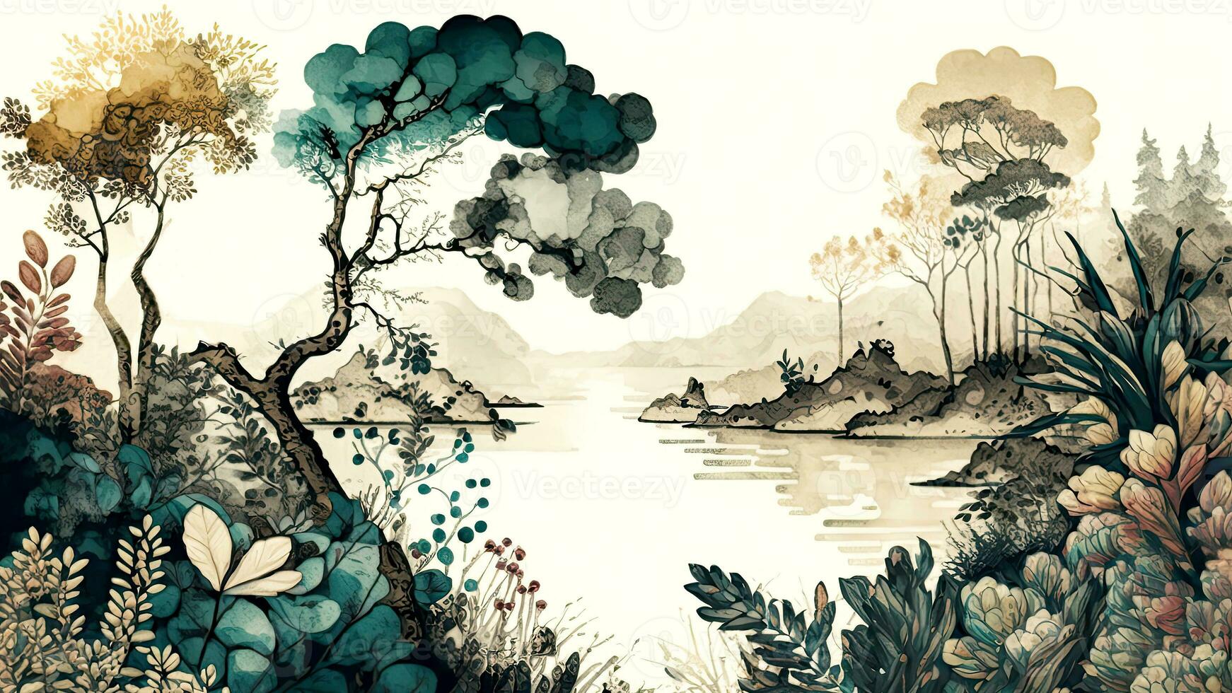 Vintage Water Color Wallpaper of Forest Landscape with Lake, Plants, Trees. AI-Generated, Digital Illustration. photo