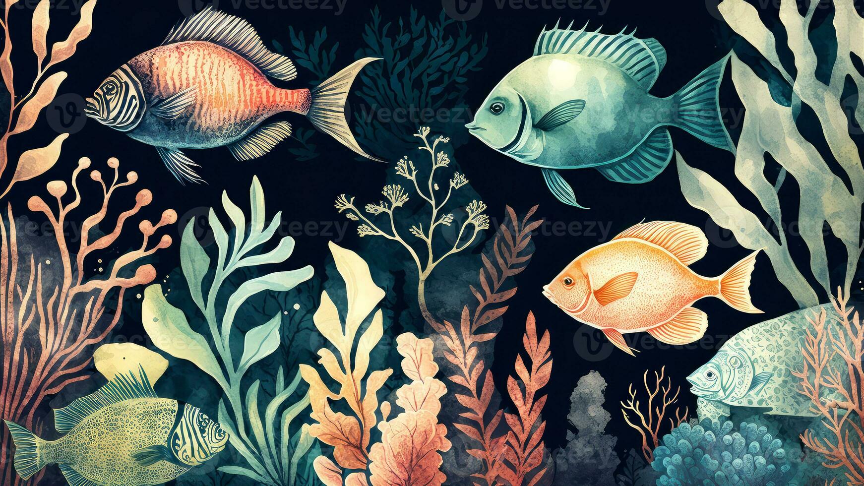 Vintage Water Color Wallpaper Colorful Fishes and Corals. AI-Generated, Digital Illustration. photo