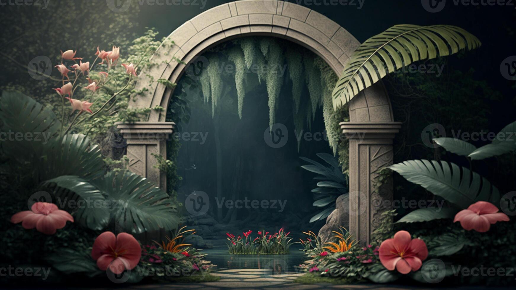 Fantastic landscape. Arch with blooming flowers and road stretching into the valley. Unusual world. Created with . photo
