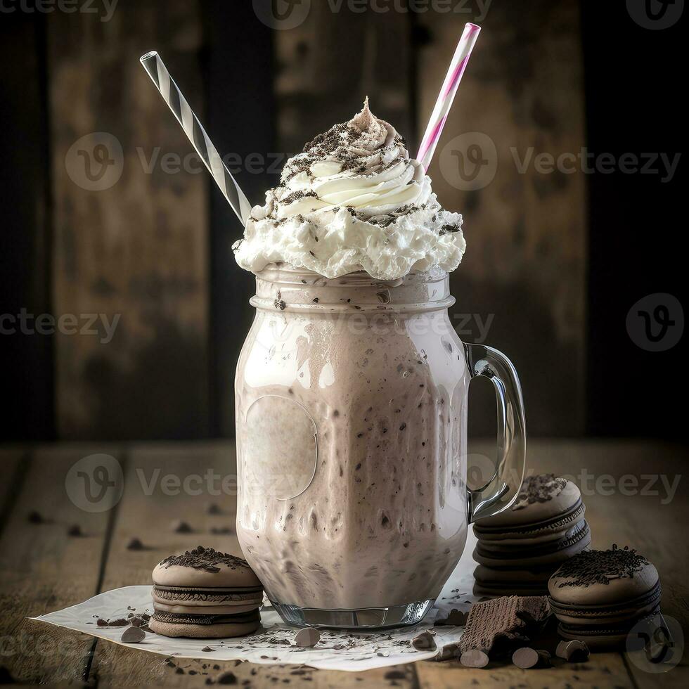 Delicious Cookies Creamy Milkshake in a Glass with Chocolate Cookie and Whipped Cream, Cookies on Wooden Background. Food and Beverages Concept. AI-Generative, Digital Illustration. photo