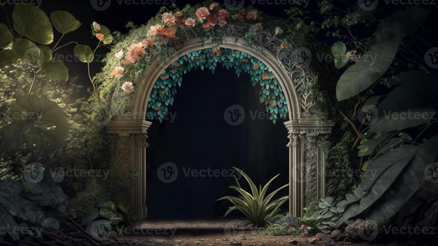 Fantastic landscape. Arch with blooming flowers and road stretching into the valley. Unusual world. Created with . photo