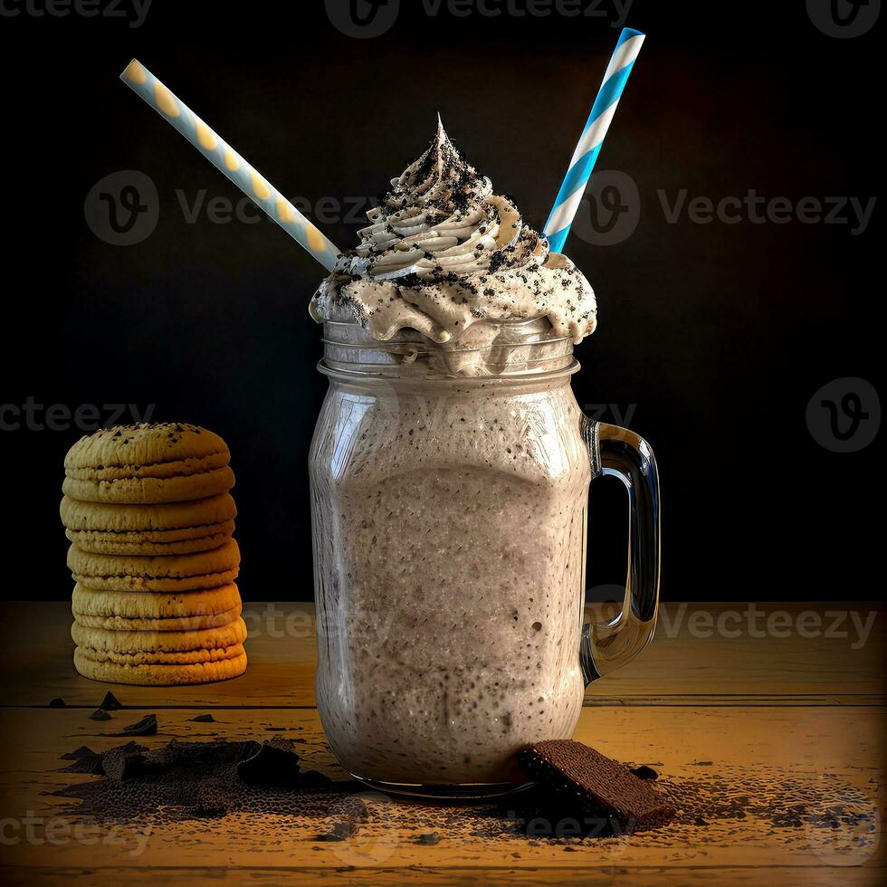 delicioso galletas cremoso malteada en un vaso con chocolate Galleta y azotado crema, galletas en de madera antecedentes. comida y bebidas concepto. ai-generativo, digital ilustración. foto