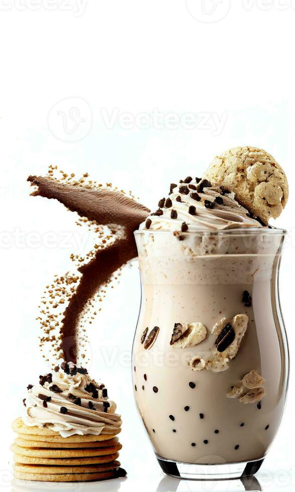 Delicious Cookies Creamy Milkshake in a Glass with Chocolate Cookie and Whipped Cream, Cookies on White Background. Food and Beverages Concept. AI-Generative, Digital Illustration. photo