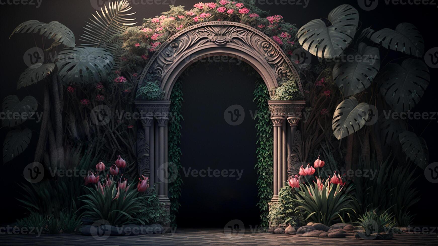 Fantastic landscape. Arch with blooming flowers and road stretching into the valley. Unusual world. Created with . photo