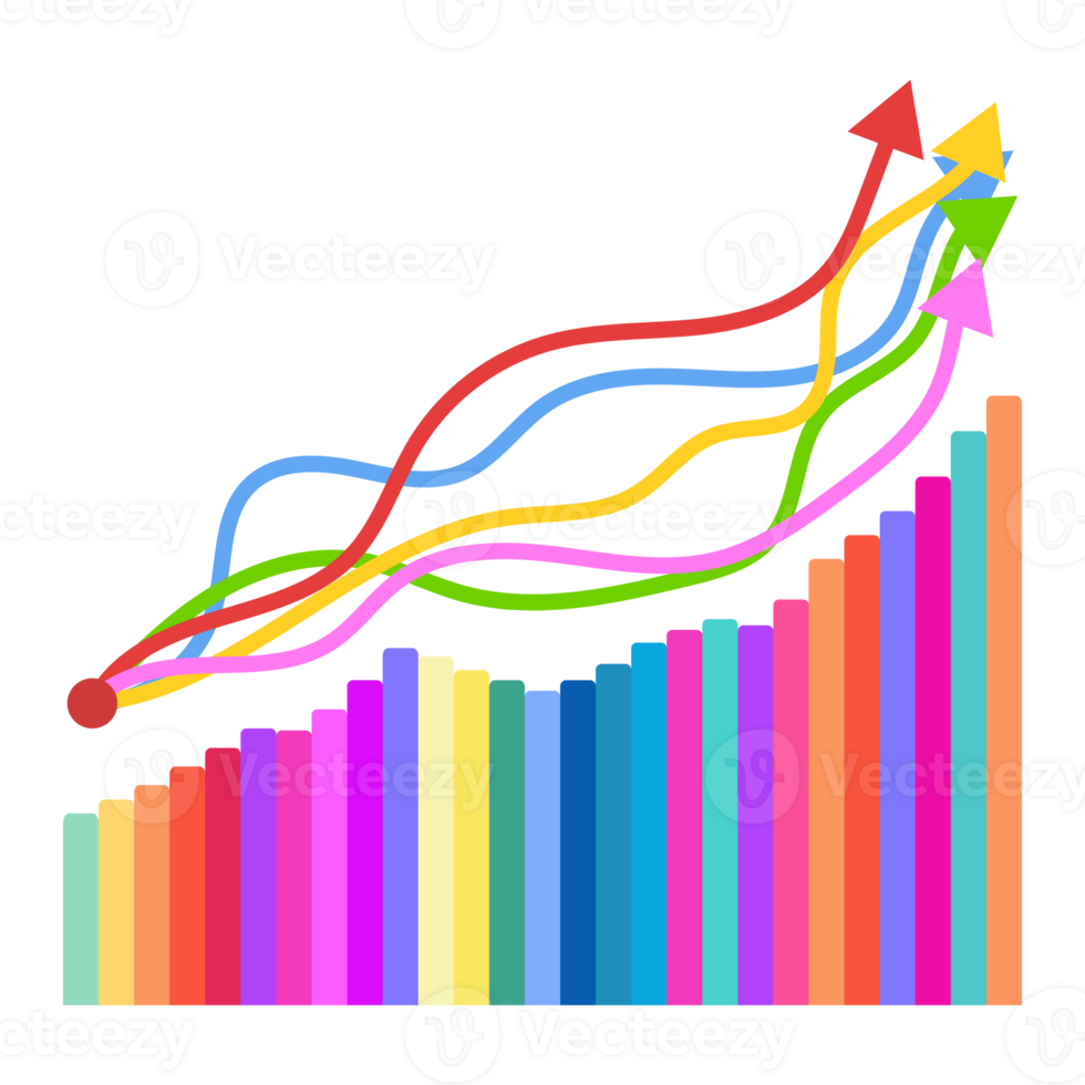Colorful bar graph growth and up arrows. Financial and Investment concept bar chart. png