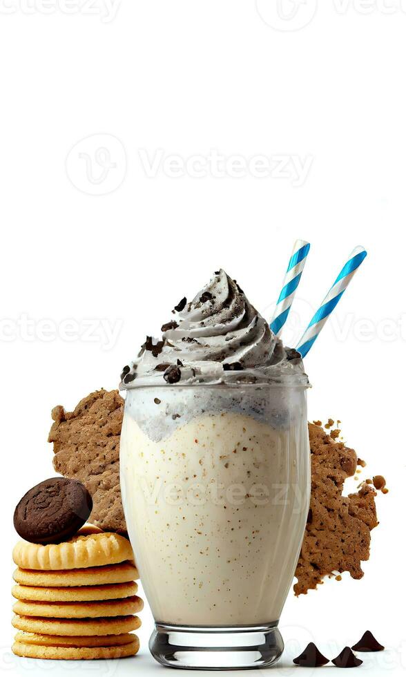 Delicious Cookies Creamy Milkshake in a Glass with Chocolate Cookie and Whipped Cream, Cookies on White Background. Food and Beverages Concept. AI-Generative, Digital Illustration. photo