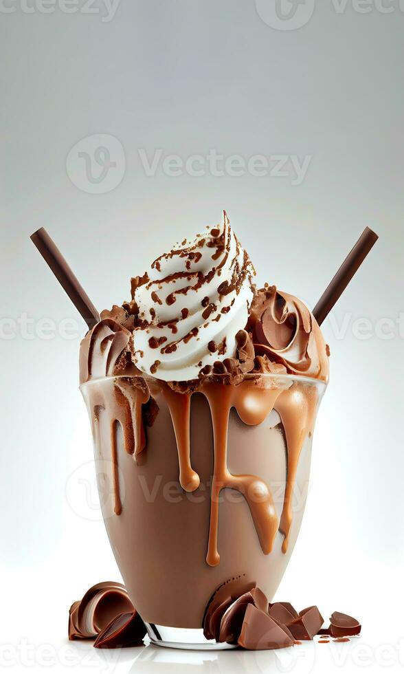 delicioso chocolate y avellana zalamero o sacudir en un vaso con chocolate trozos en blanco antecedentes. comida y bebidas concepto. ai-generativo, digital ilustración. foto