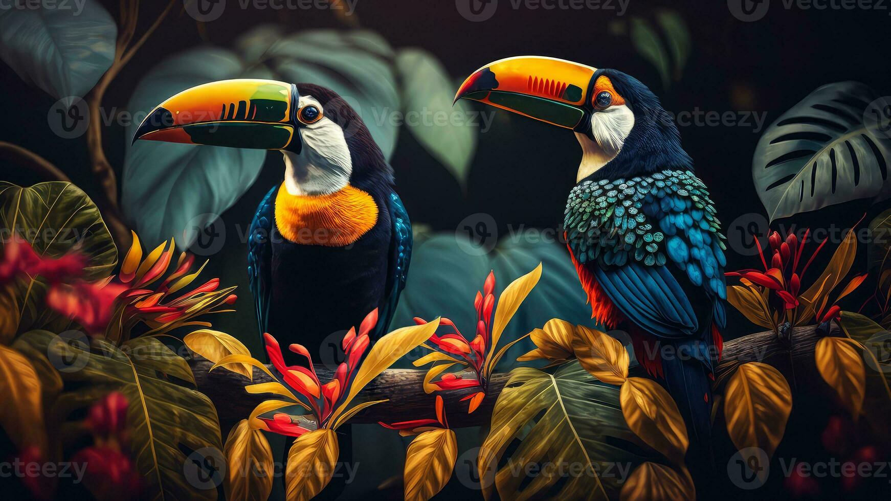 Colorful pair of toucan toco birds sitting on branch between leafs Tropical rainforest , flowers in the background, 3D rendering incredibly detailed. photo