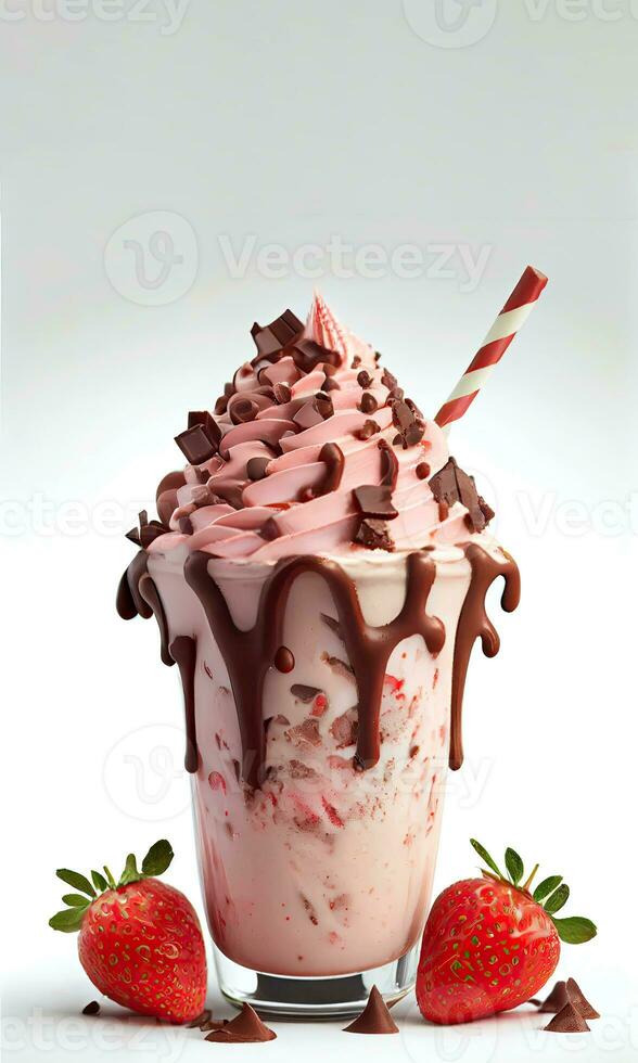 Delicious Chocolate and Strawberry Smoothie or Milkshake in a Glass with Strawberries on White Background. Food and Beverages Concept. AI-Generative, Digital Illustration. photo