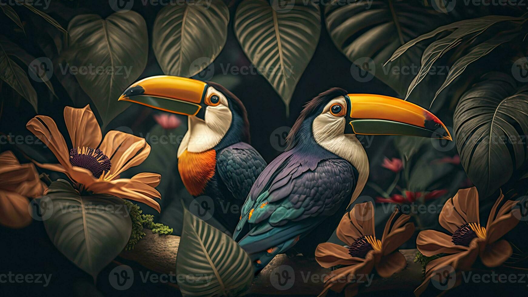 vistoso par de tucán para co aves sentado en rama Entre hojas tropical selva , flores en el fondo, 3d representación increíblemente detallado. foto