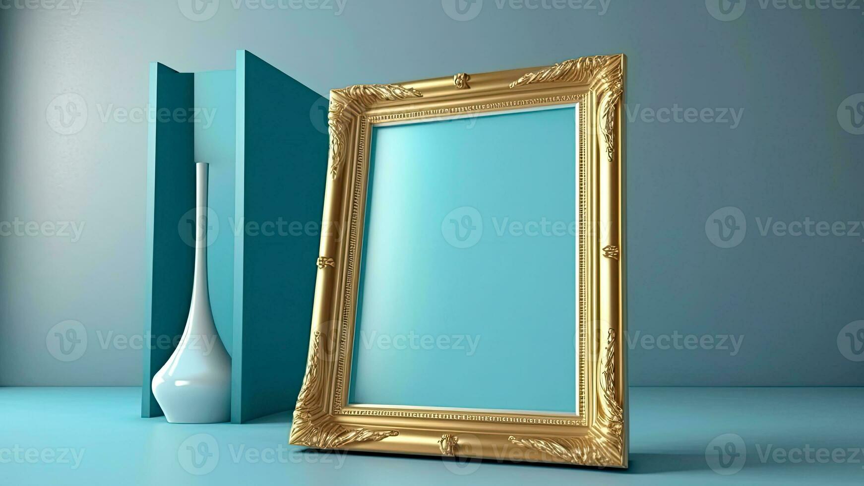 Scandinavian golden photo frame and decoratives against pastel blue walls.