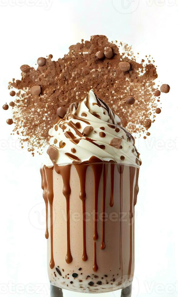 Delicious Chocolate and Hazelnut Smoothie or Shake in a Glass with Chocolate Chunks on White Background. Food and Beverages Concept. AI-Generative, Digital Illustration. photo