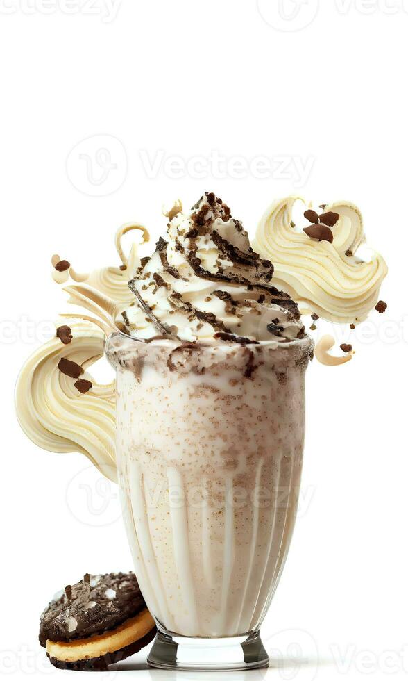 Delicious Cookies Creamy Milkshake in a Glass with Chocolate Cookies on White Background. Food and Beverages Concept. AI-Generative, Digital Illustration. photo