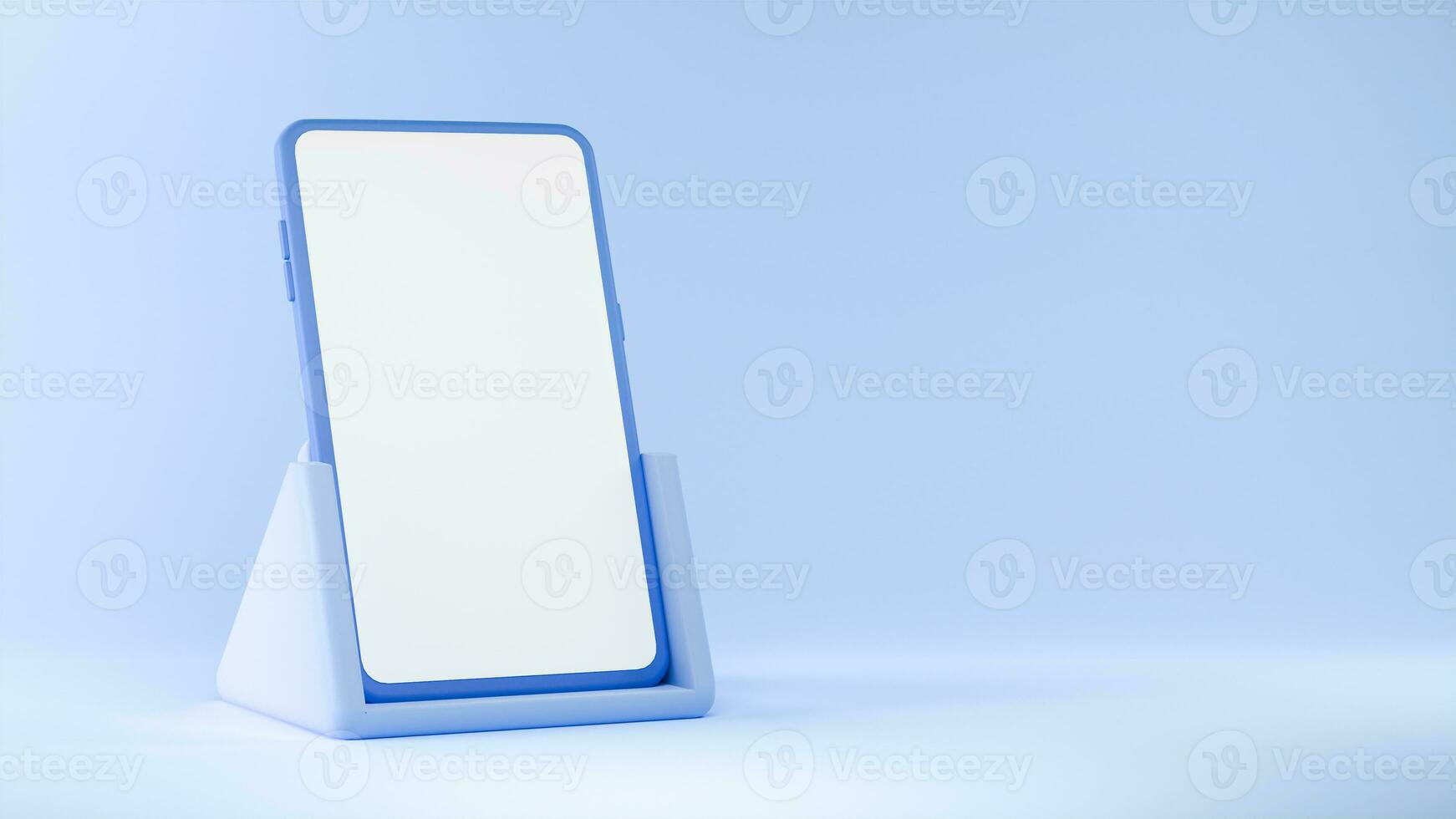 3D Render of Blank Smartphone Screen Mockup On Stand Holder Against Glossy Pastel Blue Background. photo