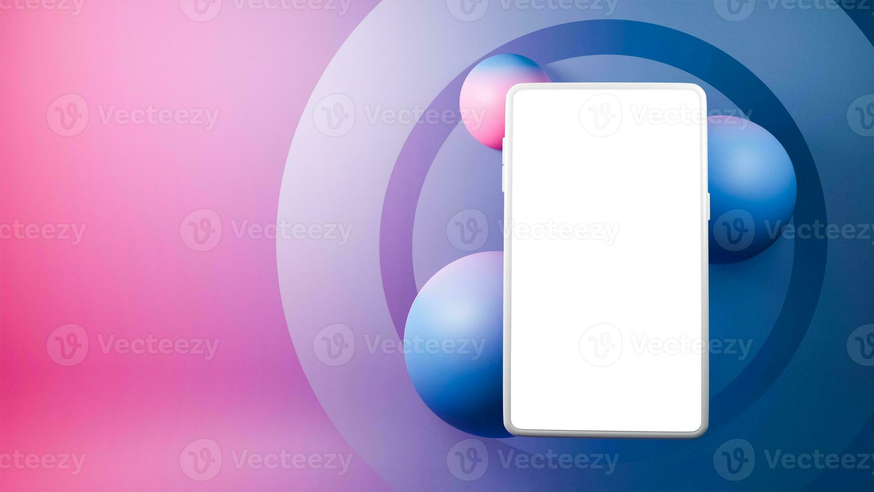3D Render of Smartphone Mockup With Balls or Spheres On Gradient Pink And Blue Background. photo