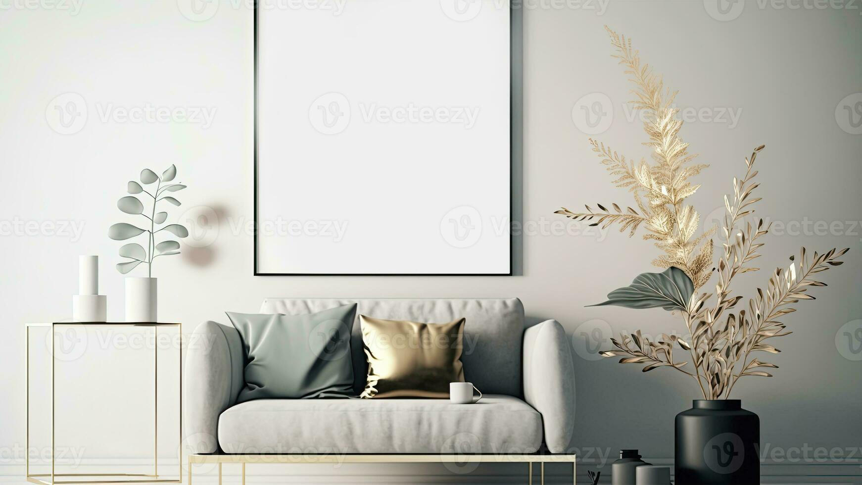 Minimalist Living Room Interior Mockup, Cushions On Velvet Sofa Near Artificial Plant Pots And Image Placeholder Frame Hanging On Wall. 3D Render. photo