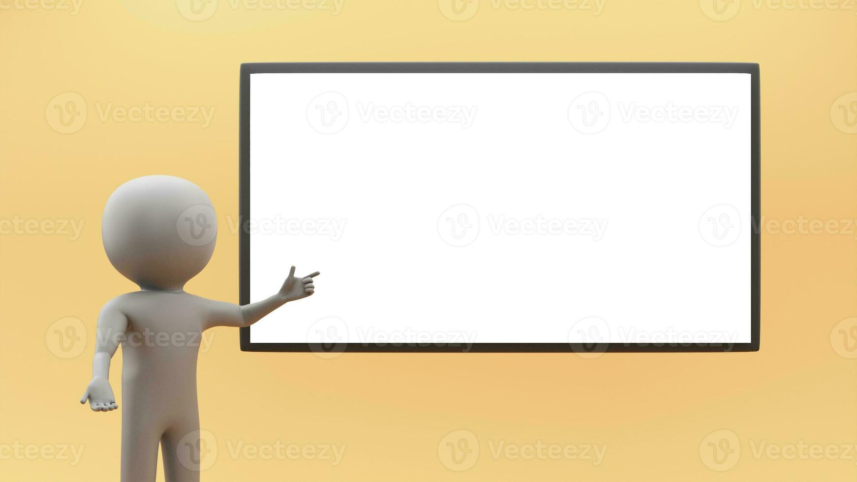 3D Render Of Human Presenter Showing Blank White Board or Screen On Pastel Chrome Yellow Background. photo