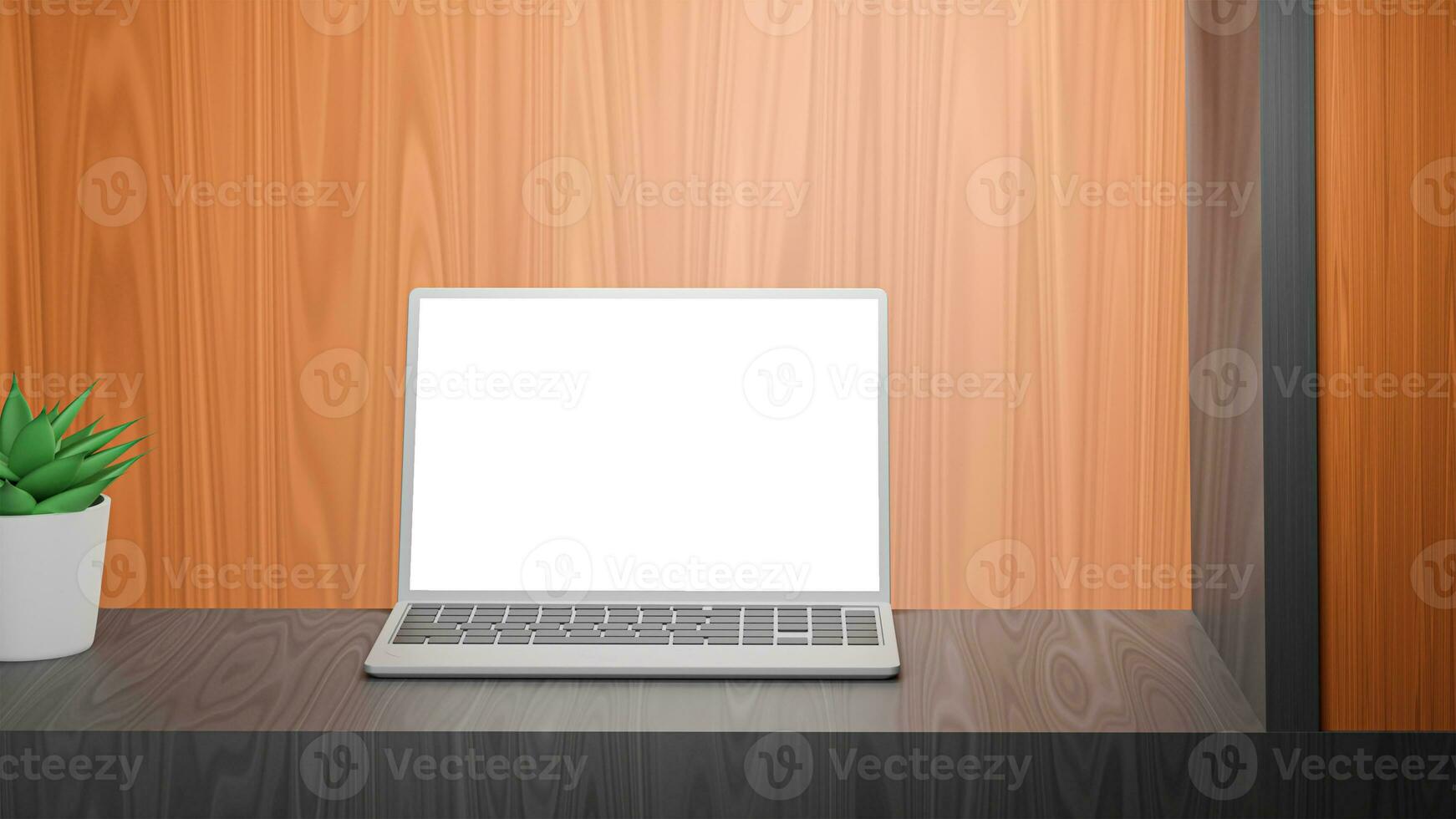 Realistic Laptop Mockup And Plant Pot On Plank Texture Background. 3D Rendering. photo